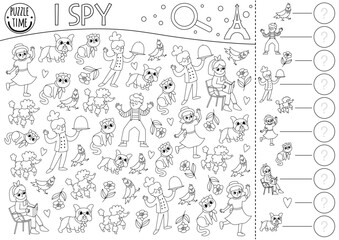 Fototapeta na wymiar France black and white I spy game for kids. Searching and counting activity with people, animals. French printable line worksheet. Simple spotting puzzle or coloring page with chef, mime, rose, girl.