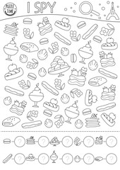 France black and white I spy game for kids. Searching and counting line activity with traditional French desserts. Printable worksheet or coloring page. Simple spotting puzzle with macaroon, eclair.