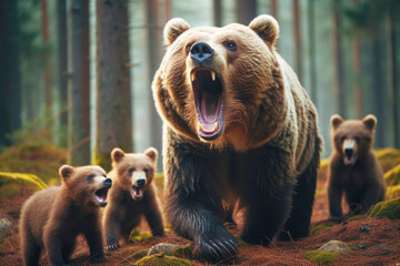 Obraz premium The brown bear family, surrounded by the lush forest of nature, portrays a scene of maternal care and the inherent danger