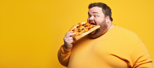 an overweight adult man displays a contented expression while indulging in a large pizza, portraying the connection between happiness and unhealthy eating habits.