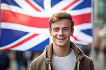A mature British gentleman poses proudly with the UK flag, embodying the essence of English identity in a portrait. - obrazy, fototapety, plakaty