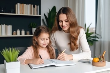 Mom helps daughter do homework sitting at table writing in paper notebook right answer