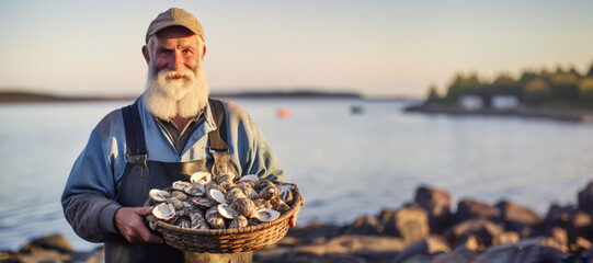 Against a serene water background, a fisherman proudly displays a catch of fresh oysters, setting the scene for a delectable seafood dinner. - obrazy, fototapety, plakaty