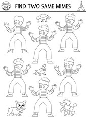 Fototapeta premium Find two same mimes. Matching black and white activity for children with French traditional street artist in beret, animals. France educational worksheet for kids. Simple printable game, coloring page