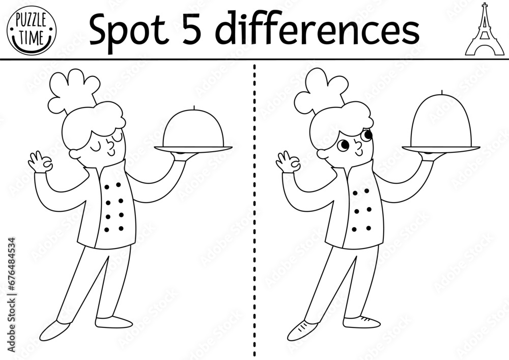 Wall mural find differences game for children. educational black and white activity with cute chef and plate wi - Wall murals