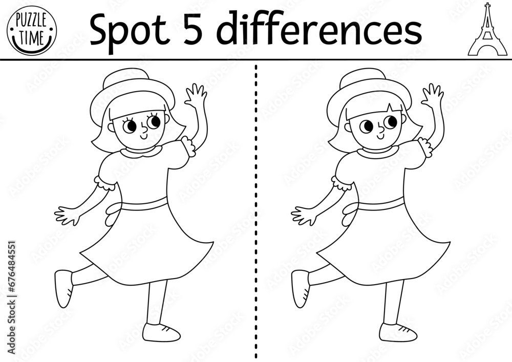 Wall mural find differences game for children. educational black and white activity with cute girl dancing in b