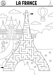 Black and white maze for kids with Eiffel Tower. French preschool printable line activity for children with main Paris landmark. Geometric labyrinth game, puzzle or coloring page with France scene.