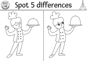 Find differences game for children. Educational black and white activity with cute chef and plate with closh. Puzzle for kids with French character. Printable worksheet or coloring page.