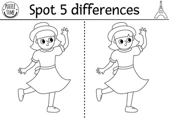 Find differences game for children. Educational black and white activity with cute girl dancing in beautiful dress. Puzzle for kids with French character. Printable worksheet or coloring page.