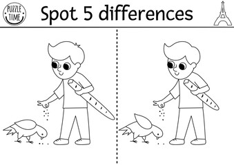 Find differences game for children. Educational black and white activity with cute boy feeding pigeon with baguette. Puzzle for kids with French character. Printable worksheet or coloring page.