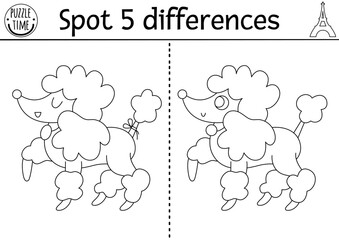 Find differences game for children. Educational black and white activity with cute bulldog in stripy shirt. Puzzle for kids with funny French animal character. Printable worksheet or coloring page.