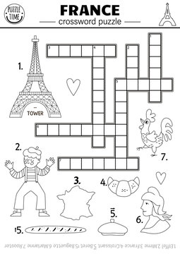Vector black and white France crossword puzzle for kids. Simple French line quiz for children with traditional symbols. Educational activity, coloring page with croissant, Eiffel Tower.