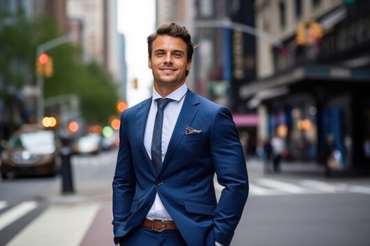 Wealthy attractive happy young male executive smiling looking away posing in downtown new york.