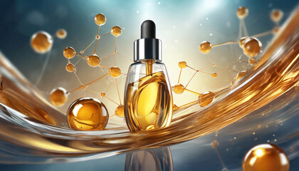 Cosmetic oil or Cosmetic Essence with molecule Liquid drop on background, 3d rendering.