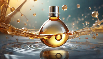 Cosmetic oil or Cosmetic Essence with molecule Liquid drop on background, 3d rendering.