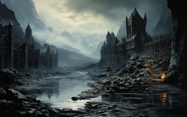 fantasy landscape with a gloomy castle - obrazy, fototapety, plakaty