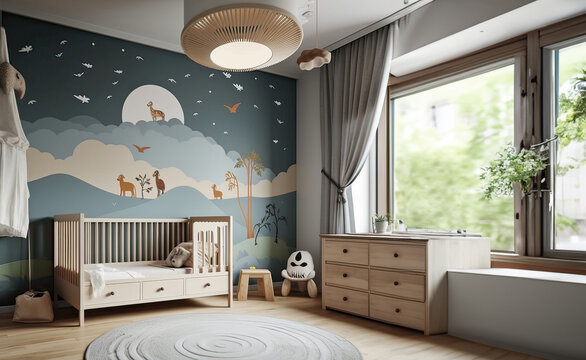 Fototapeta newborn baby room with toys, children's chair, natural basket with teddy bear and small shelf. Modern interior , Background