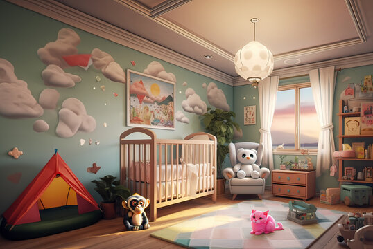 newborn baby room with toys, children's chair, natural basket with teddy bear and small shelf. Modern interior , Background
