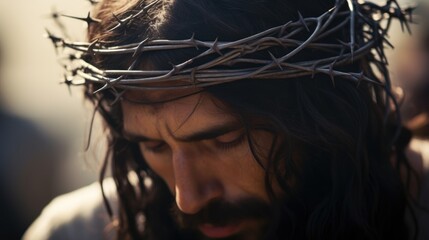 Jesus bore agonizing scourging and weight of crown of thorns enduring immense suffering - obrazy, fototapety, plakaty