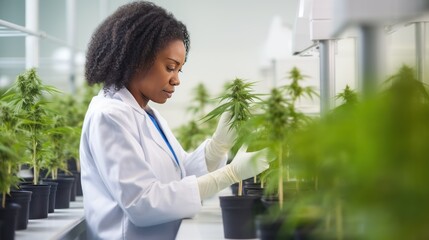 African American woman doctor grows medical cannabis in laboratory checking quality of plants - obrazy, fototapety, plakaty