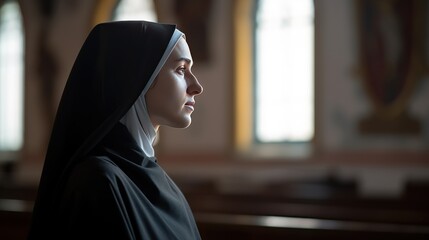 Young Catholic nun praying in catholic church. - obrazy, fototapety, plakaty