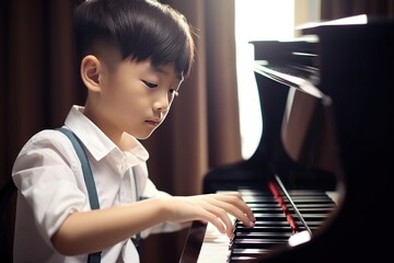 Little Asian boy in shirt earnestly learns to play scales on piano from music notebook on piano
