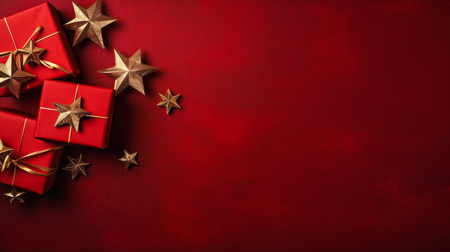 closeup red presents gold stars background drop shadow black box profuse containing hidden portal banner holding gift loosely cropped full expressing joy