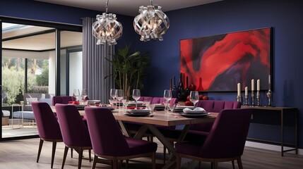 Luxurious Dining Room With Purple Chairs and Modern Chandelier