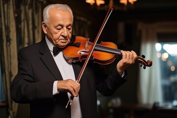 Old man in dark shirt diligently plays violin.