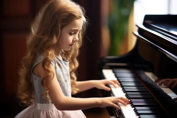 Little Caucasian girl earnestly learns to play scales on piano from music notebook on piano.