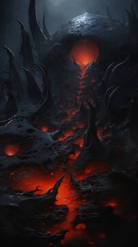closeup creepy looking landscape red light hell environment background flowery hill than chasm rendition scenery necro