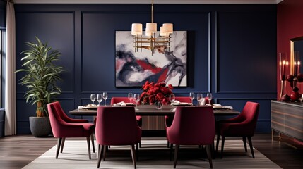 Elegant Dining Room with Red Accents and Modern Art
