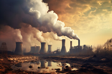 Industrial brown coal power plant chimney. Environmental pollution - obrazy, fototapety, plakaty