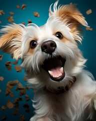 cheerful dog with flying cookies on a colored studio background, food for animals
