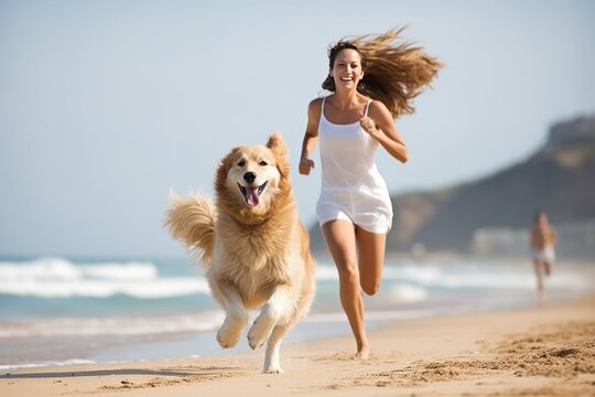 Young woman with long hair in summer clothes runs with dog on sand beach of clear clean sea