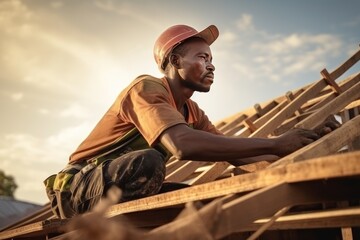 Middle-aged African American man in hardhat is working on the construction of a wooden frame house.