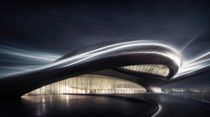 Obraz premium Abstract digital Architecture, glowing tall building. View of futuristic background.