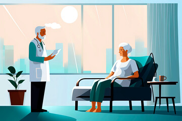 Generative AI illustration of young doctor visiting sick old patient