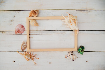 Summer composition. Different shells and a wooden frame on a white wooden background. Top view, a place to copy. The concept of rest and vacations.