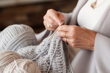 Hands of old woman in wrinkles crocheting ornament calming nerves with help of favorite hobby