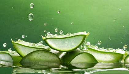 aloe vera slices under water on green background copy space banner - Powered by Adobe