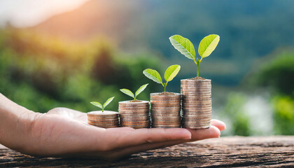 concept of financial investment money saving money growth business success and eco business investment sustainable finance hand holding step of coins stacks with tree growing on top - obrazy, fototapety, plakaty