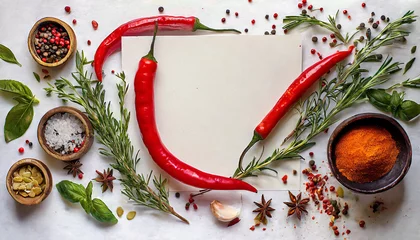 Keuken spatwand met foto art culinary frame border food banner design element red hot chili pepper spices and herbs on white culinary paper background variety of spices and mediterranean herbs © Pauline
