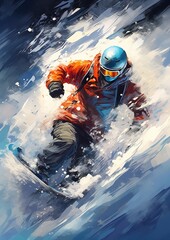 skier orange jacket skiing down steep slope blue skies illustration face streaming frostbite high color compression