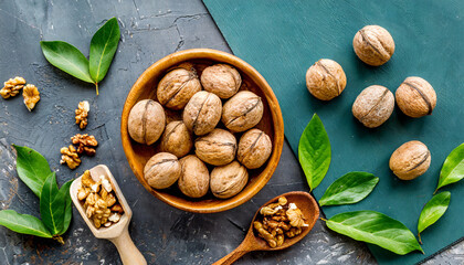 fresh healthy walnuts in bowl on colored table background top view healthy eating bertholletia...