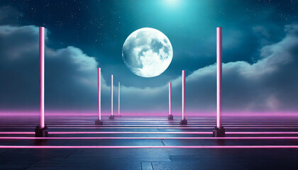 neon empty futuristic field with poles with cloudy sky and a shining moon phone hd wallpaper ai generated