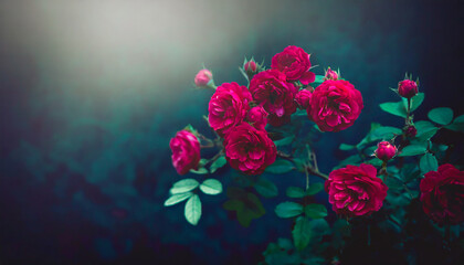 Fototapeta na wymiar beautiful rose bush on dark background moody flowers cursed magic flower rosa damascena or damask rose romantic luxury background elegant love and passion concept