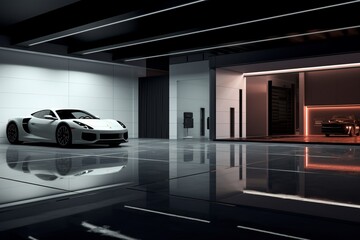 Sport car resting in an elegant residential garage, encompassed by glossy polished floors