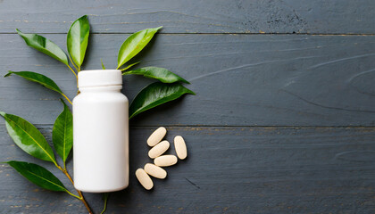 supplement pills with medicine bottle health care and medical top view vitamin tablets top view mockup bottle for pills and vitamins with green leaves natural organic bio supplement copy space - obrazy, fototapety, plakaty