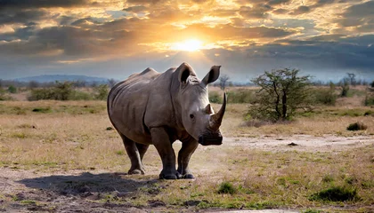 Muurstickers powerfull african rhino in the savanna at sunset amazing african wildlife generative ai © Pauline